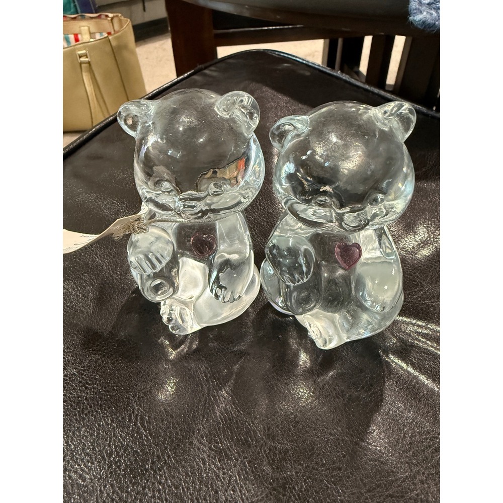 Fenton Glass Bears Crystal Heart Handmade USA Collectible‎ Figurines Pair